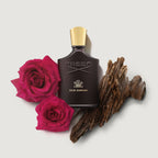 Creed Oud Zarian perfume bottle with rose centerfolia and wood ingredients on a light gray background