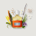 Creed perfume bottle with floral and botanical elements on a light background