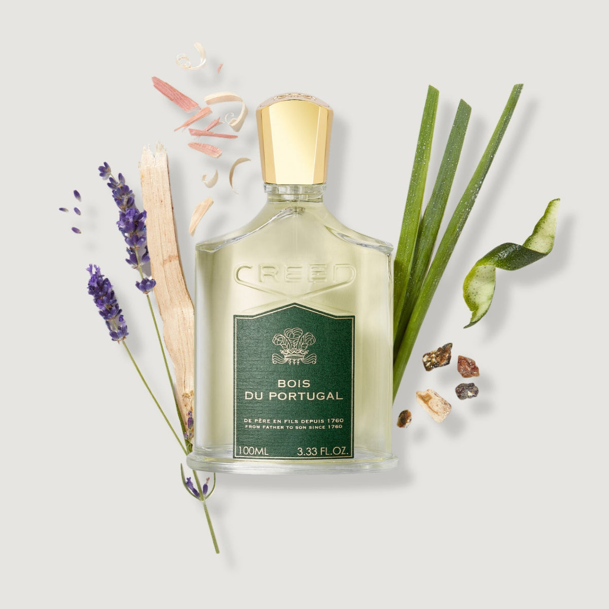 Bois du Portugal perfume bottle with botanical elements on a light background